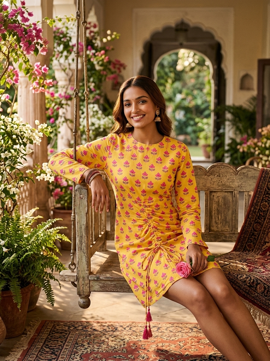 The Sunehra Ruched Marigold Tunic